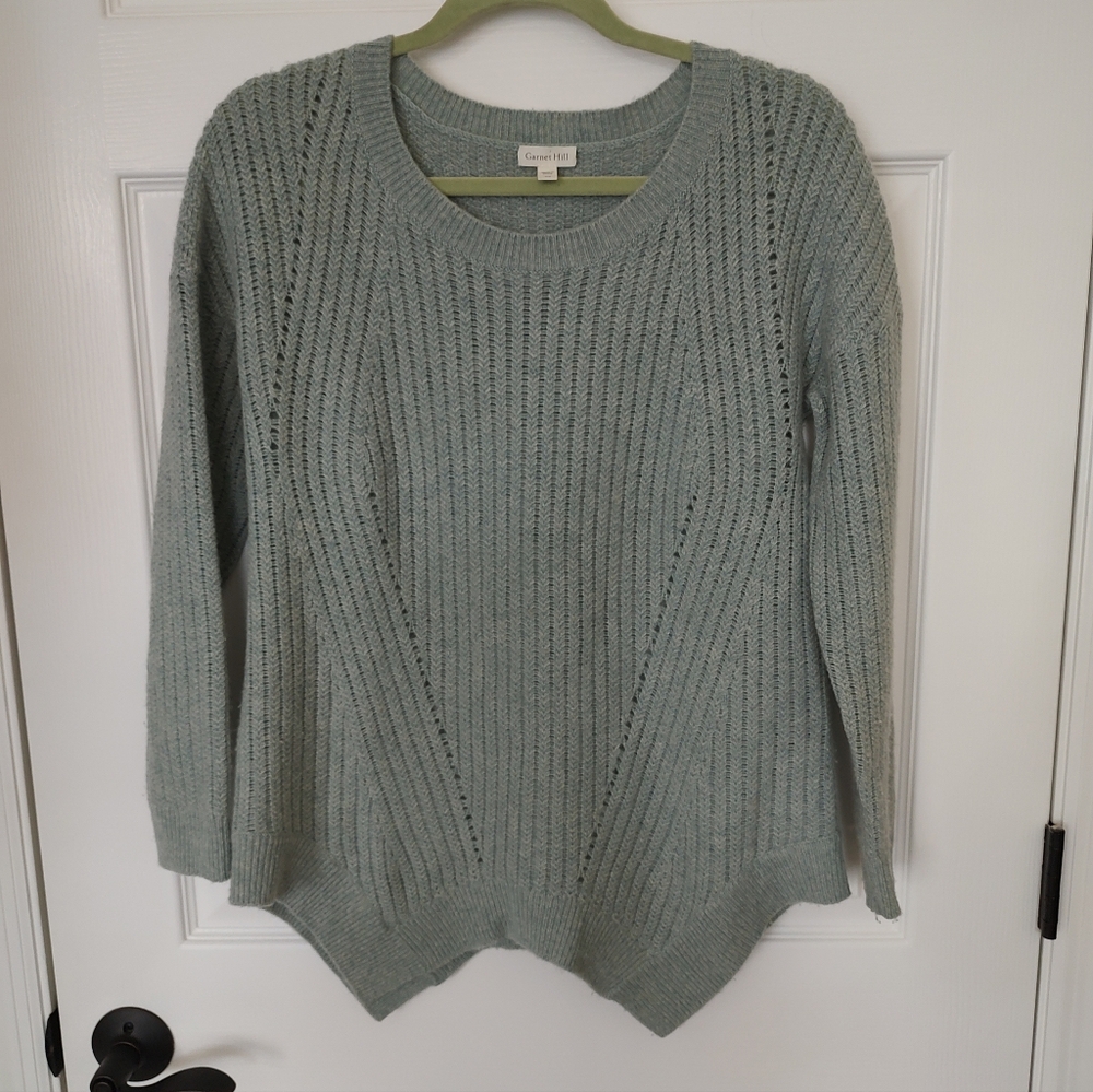 Garnet Hill Soft Cashmere Crewneck Asymmetrical Seafoam Mint Green Sweater Sz XS